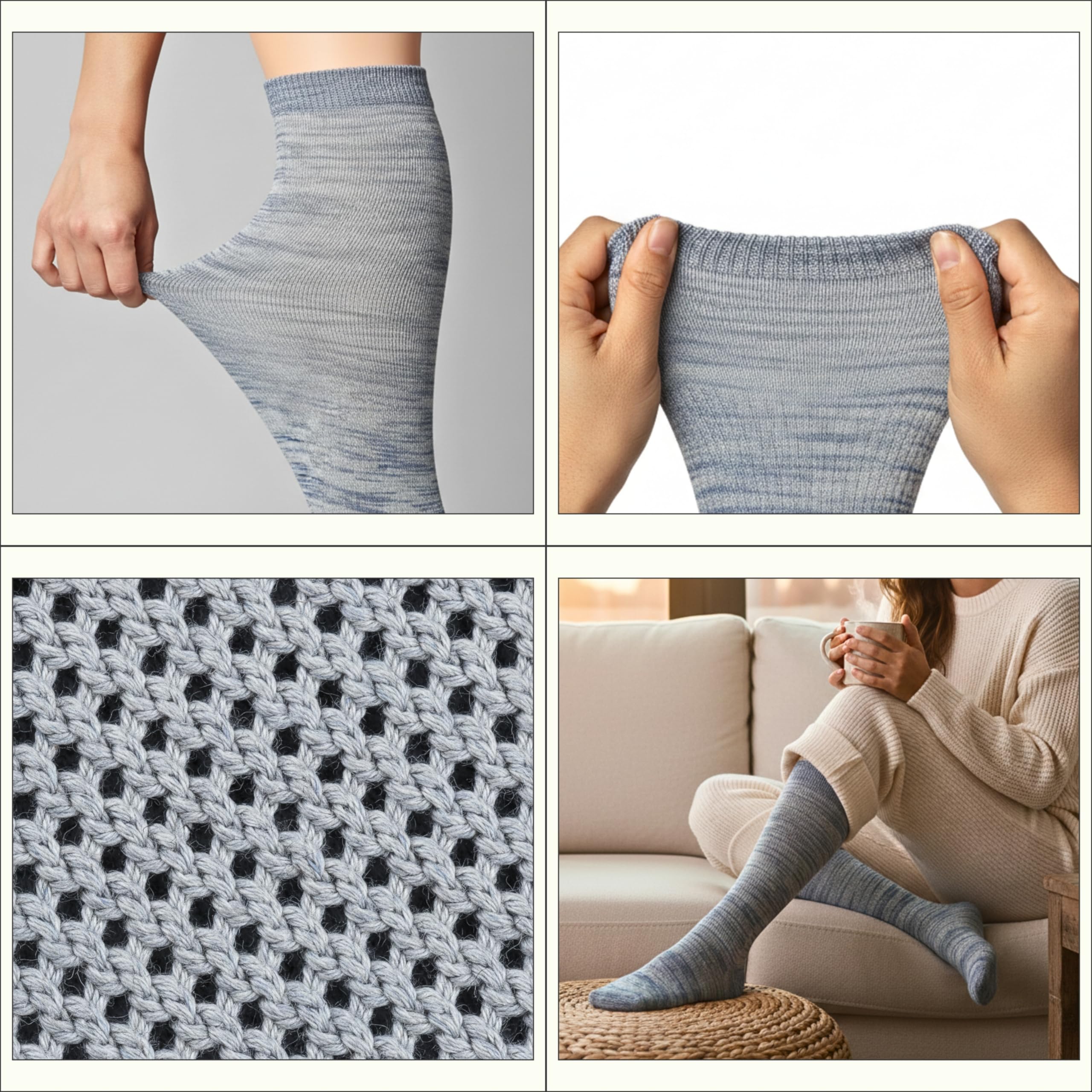 Collage of gray socks with close-up details and a person wearing them.