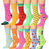 Tipi Toe Women's 12 Pairs Lightweight Colorful Strawberry Orange Lime Pineapple Fruits Patterned Crew Socks