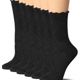 Tipi Toe Womens Black Crew Length Turn-Cuff Solid Lettuce Edge Lace Ruffle Socks