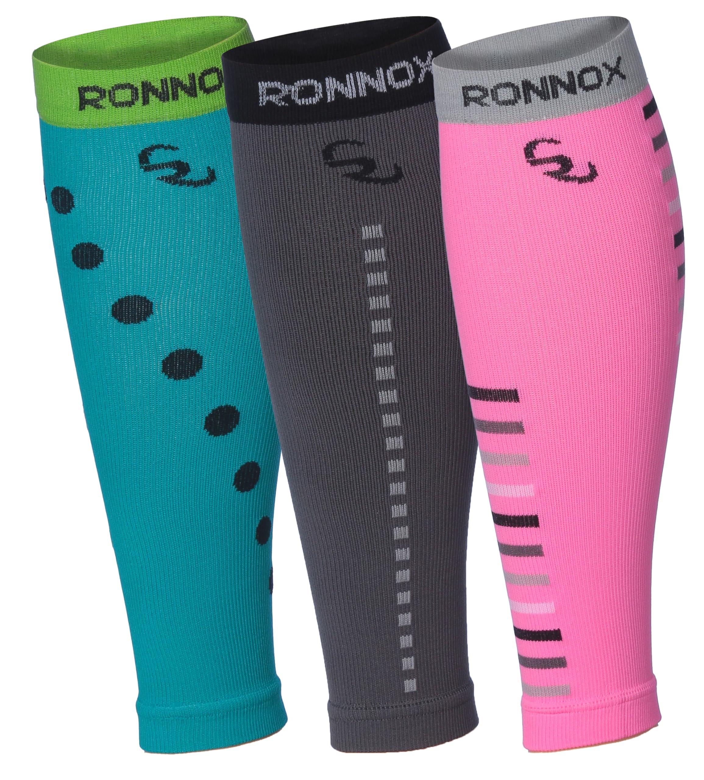  Unisex Calf Compression Sleeve 3-Pairs Patterned Harmony Blue Dots Grey Stripes Pink Accents Calf Compression Tube Sleeves 12-14 mmHg Great for Athletic & Use -  Socks