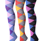 Isadora Paccini Women's 3 Pairs Vibrant Argyle Fusion Blue Pinkish Red-Yellow Grey Black Blue-Violet Over The Knee High Socks