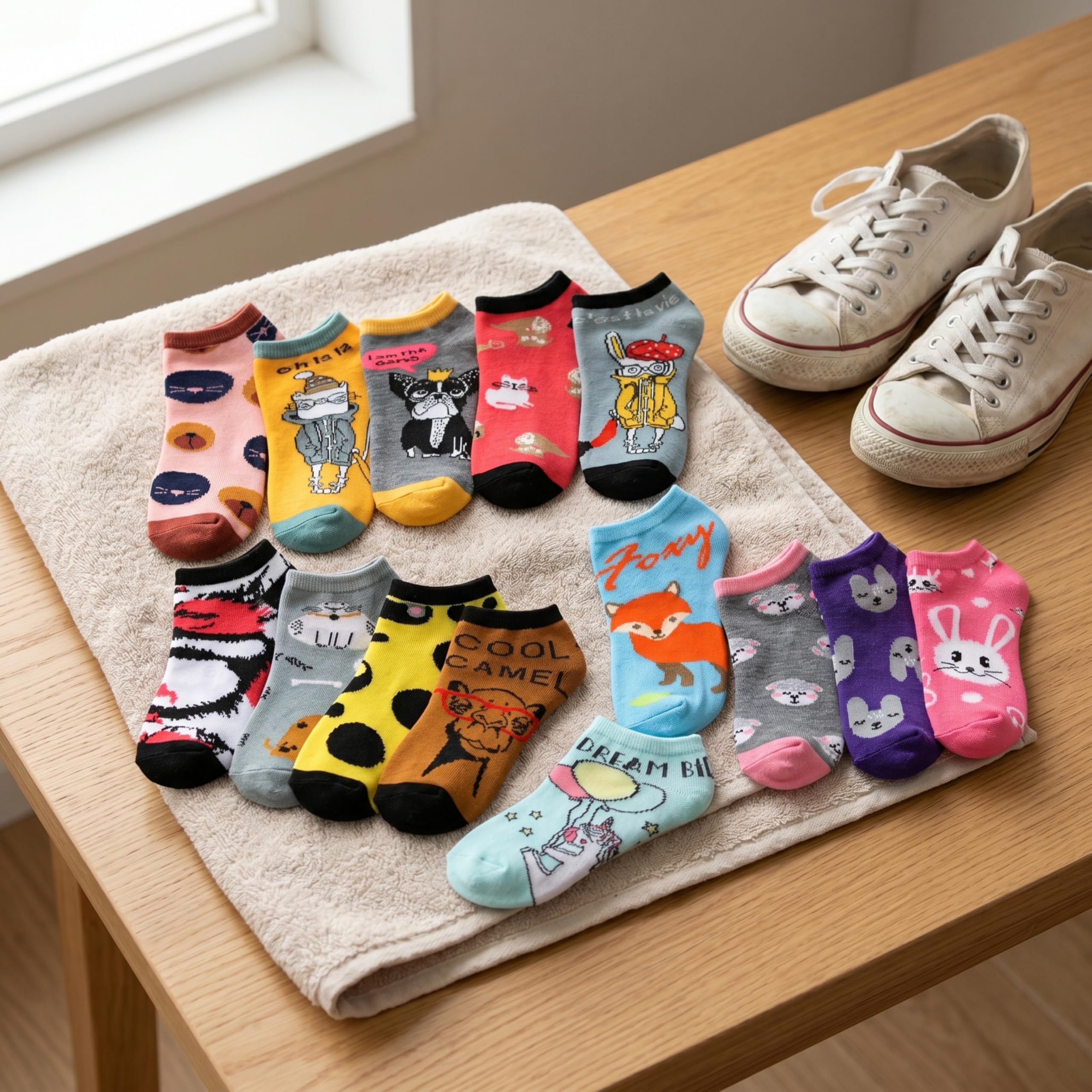A set of colorful cartoon ankle socks arranged on a beige towel on a wooden table, with a pair of white canvas sneakers nearby.