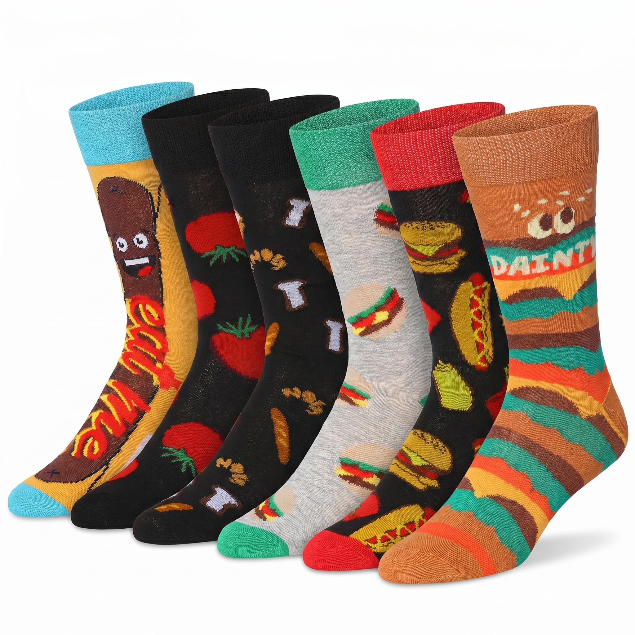 Six pairs of novelty crew socks arranged in a fan shape on a white background. The socks feature colorful cartoon food and character designs, including a hot dog, tomatoes, burgers, and a character with 'DAINTY' written on the foot.
