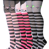 Isadora Paccini Women's 3 Pairs Cuddly Cat Motifs Fuchsia Pink Black with Grey Stripes Over The Knee High Socks