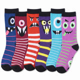 Women's 6-Pairs Colorful Rainbow Smiles Funky Adorable Monster Striped Patterned Crew Dress Socks