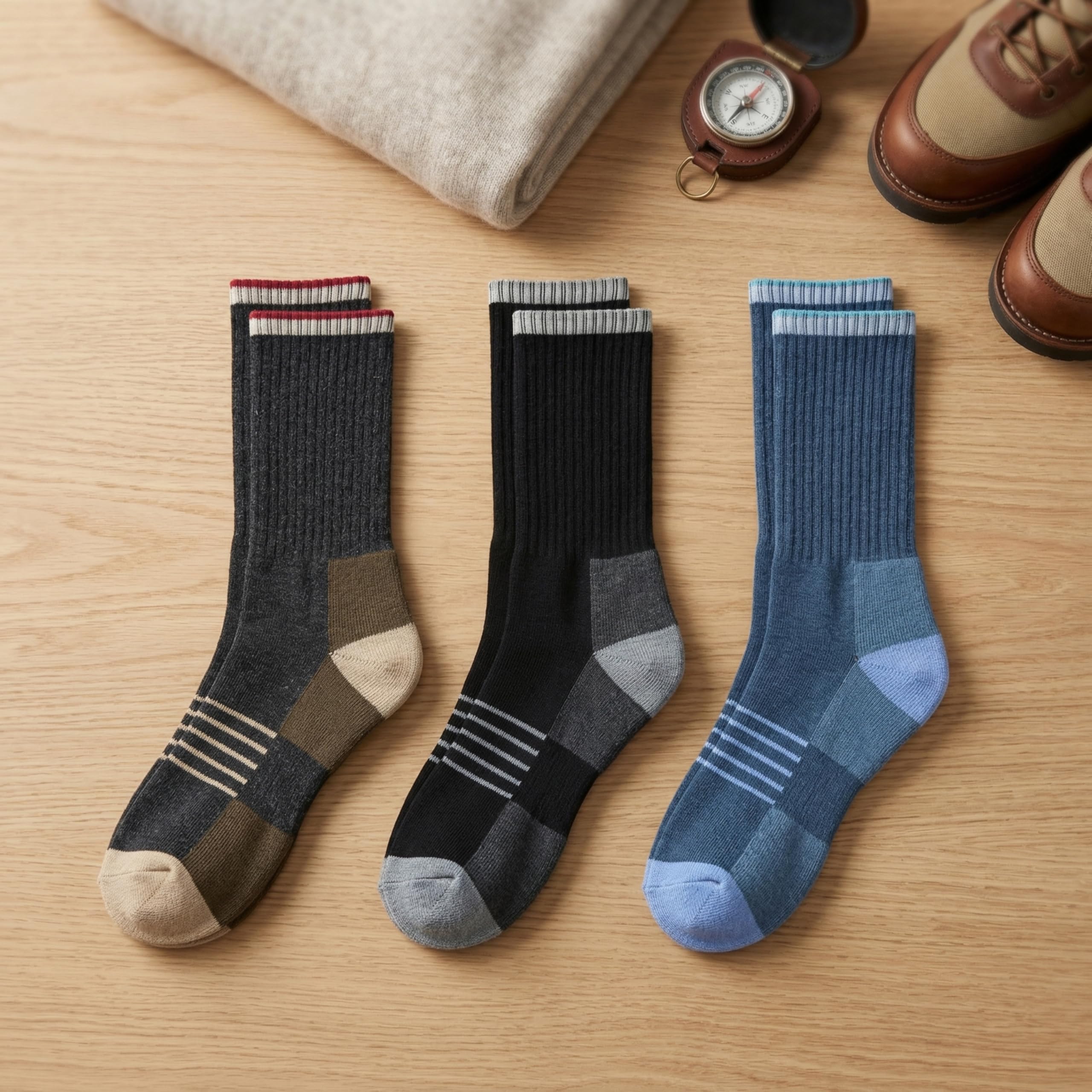 Three pairs of ribbed crew socks laid out on a light wood surface: one dark gray with beige and brown sections, one black with gray and white striped details, and one blue with light blue and lavender sections. A folded beige knit item, a small compass, and part of a brown leather shoe are visible around the socks.