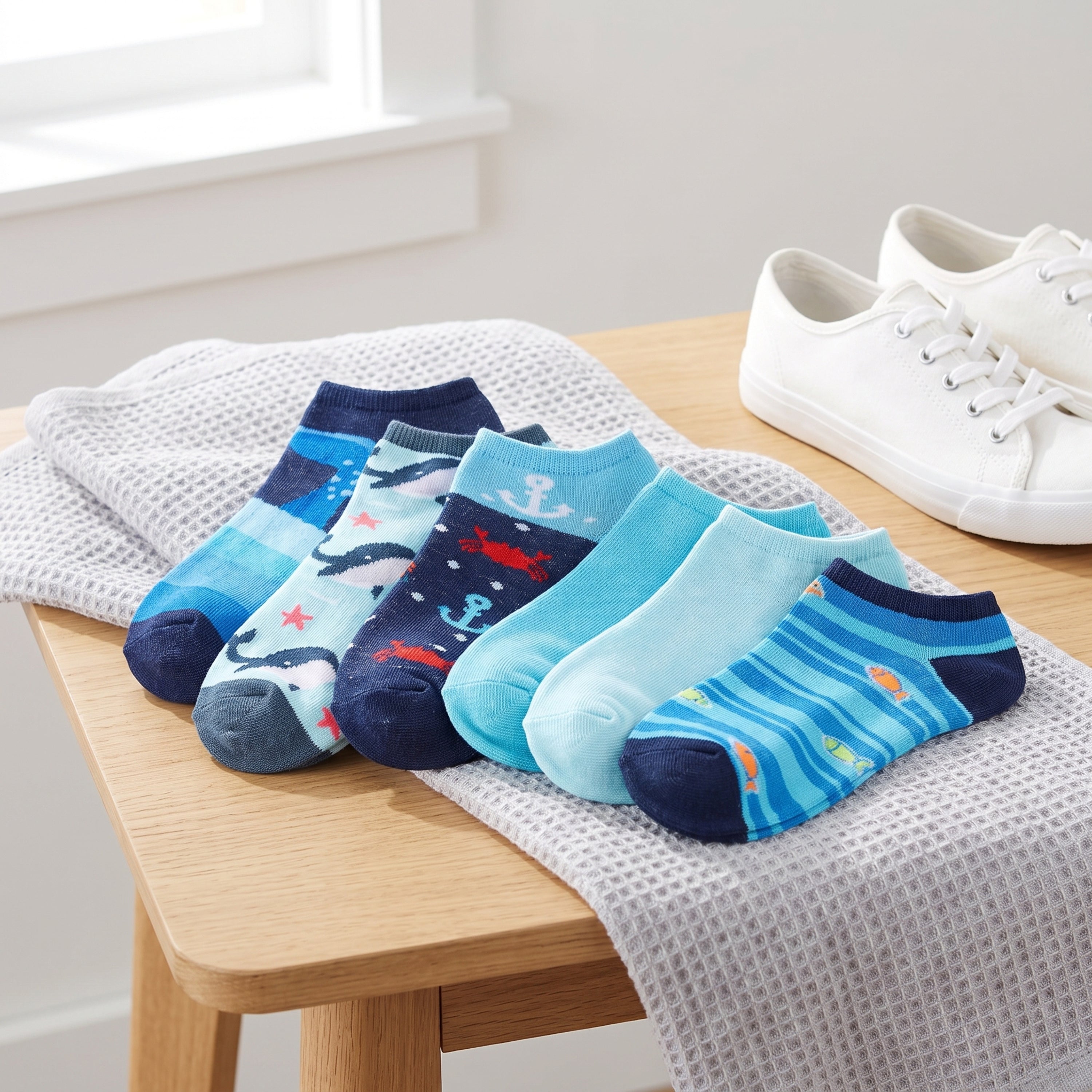 Five pairs of children's low-cut socks in various blue and navy ocean-themed patterns are arranged on a white textured blanket on a wooden table, with a pair of white sneakers in the background.