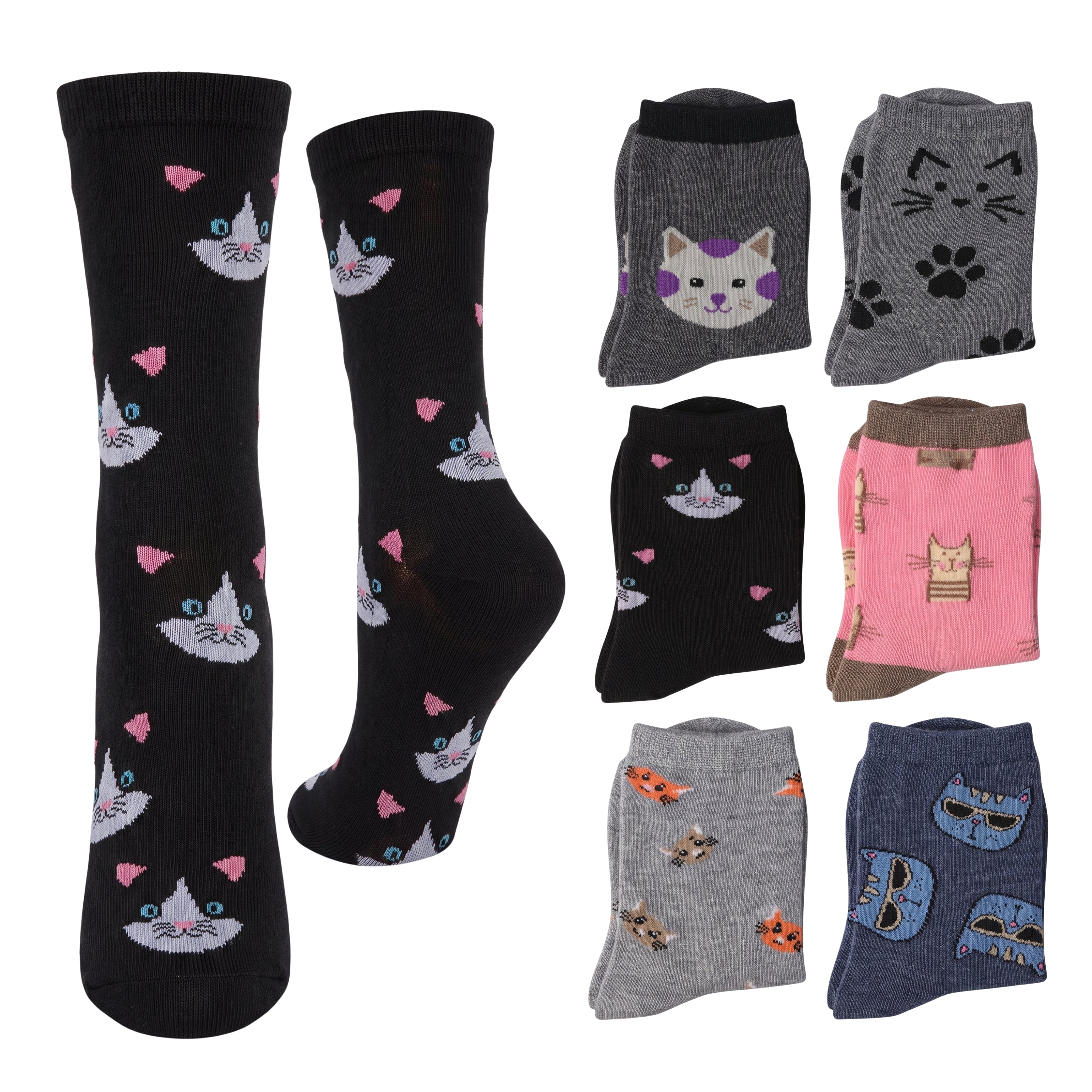A set of novelty crew socks featuring cat-themed prints, shown on a plain white background. The collection includes black socks with pink hearts and cat faces, gray socks with black paw prints and a cat face, pink socks with a cartoon cat, blue socks with blue cat faces, and gray socks with orange rocket patterns.