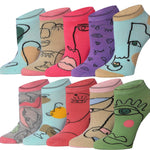 A set of ten ankle socks arranged in two rows of five on a plain white background. Each sock features a different colorful abstract face or character illustration in a variety of bright colors including pink, purple, green, blue, and beige.