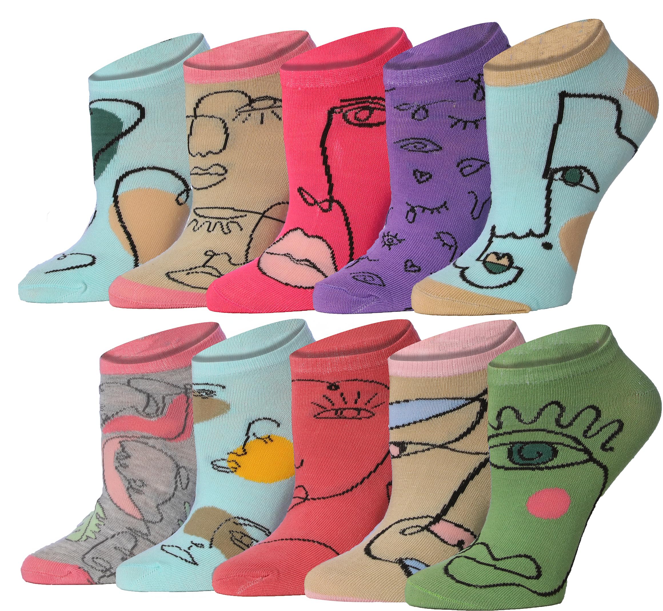 A set of ten ankle socks arranged in two rows of five on a plain white background. Each sock features a different colorful abstract face or character illustration in a variety of bright colors including pink, purple, green, blue, and beige.