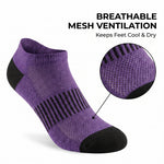 Purple low-cut athletic sock with black toe, heel, and striped arch support, shown on a white background with text reading 'BREATHABLE MESH VENTILATION' and a circular close-up inset highlighting the mesh.