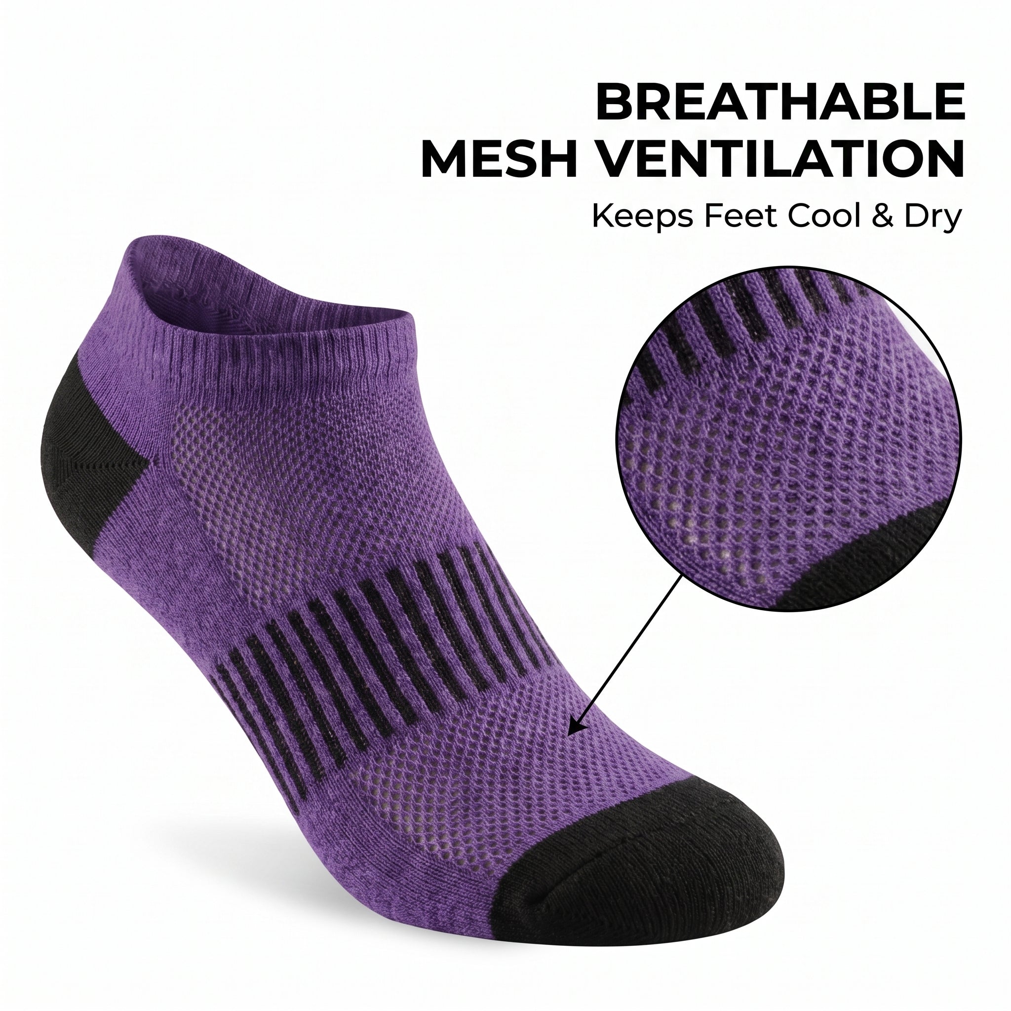 Purple low-cut athletic sock with black toe, heel, and striped arch support, shown on a white background with text reading 'BREATHABLE MESH VENTILATION' and a circular close-up inset highlighting the mesh.