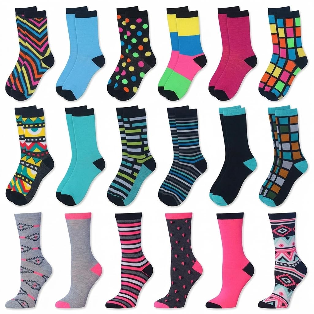 A 15-pack assortment of colorful crew socks with various patterns including stripes, polka dots, and geometric designs, displayed on a clean white background.