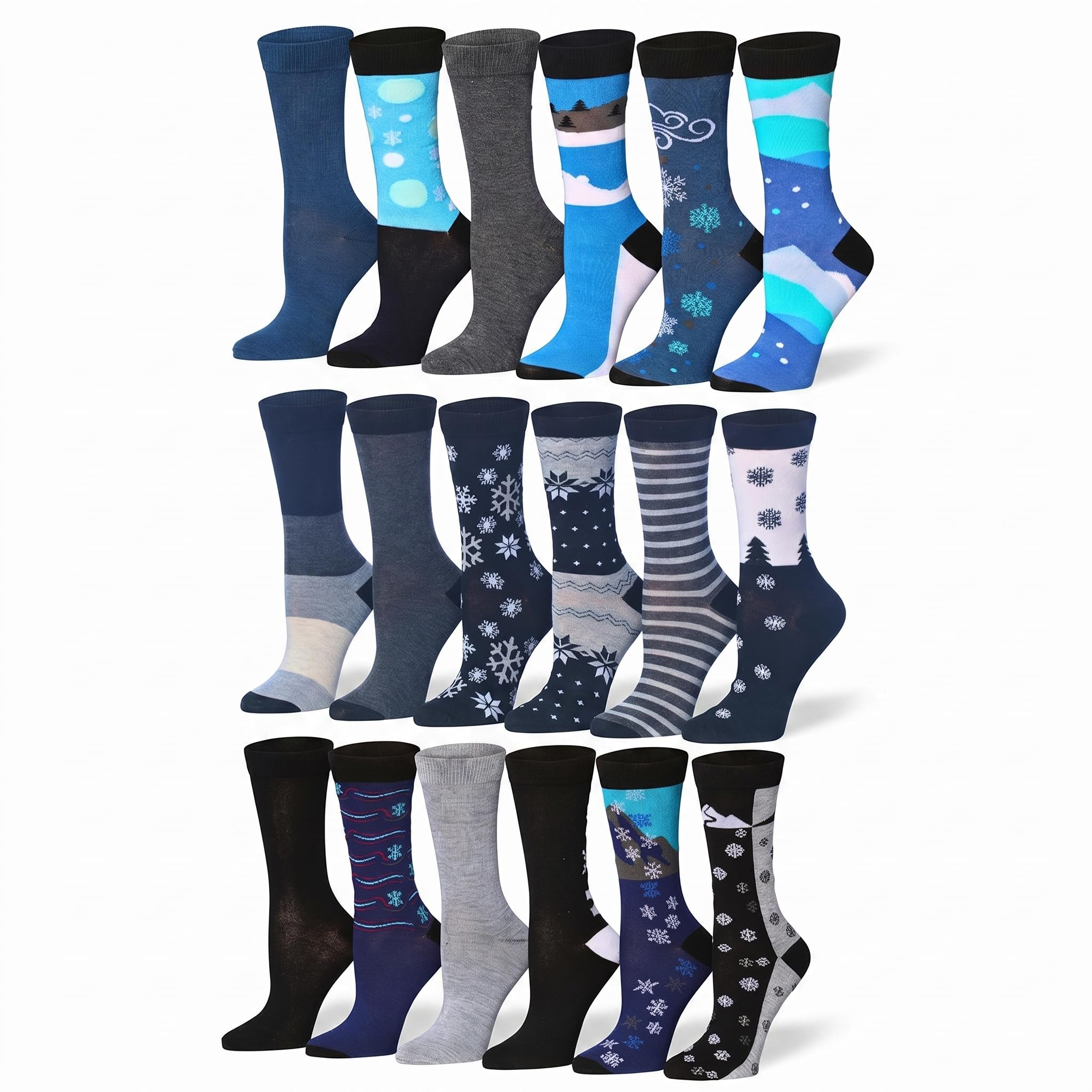 A 24-pack of men's crew socks arranged in a grid of 3 rows by 8 columns on a white background. The socks feature various winter-themed patterns including snowflakes, snow mountains, stars, and stripes in shades of blue, navy, gray, black, and white.