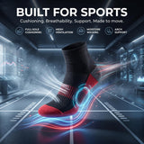 A black athletic sock with red toe and heel accents is shown floating in a futuristic tech-style interior with glowing blue and red airflow effects. Large text at the top reads 'BUILT FOR SPORTS' with feature callouts for cushioning, ventilation, moisture wicking, and arch support.