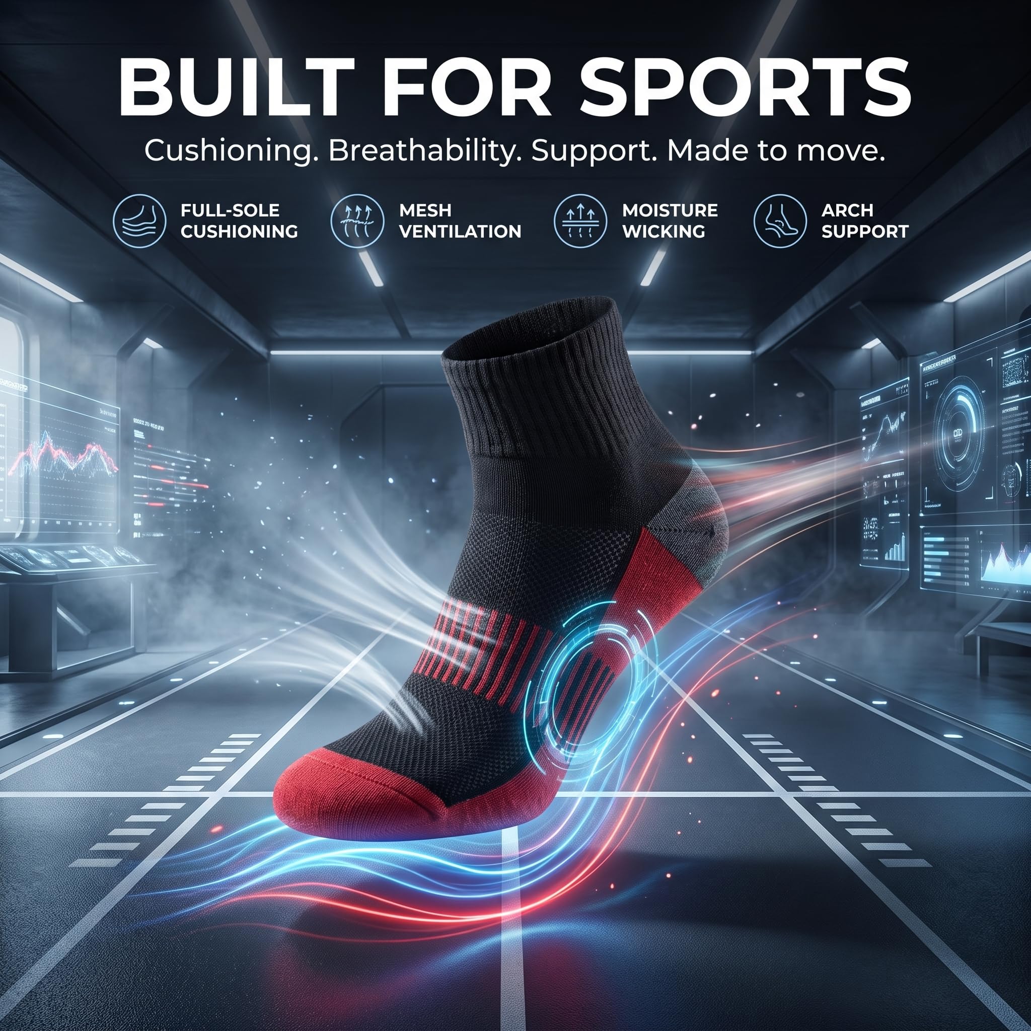 A black athletic sock with red toe and heel accents is shown floating in a futuristic tech-style interior with glowing blue and red airflow effects. Large text at the top reads 'BUILT FOR SPORTS' with feature callouts for cushioning, ventilation, moisture wicking, and arch support.