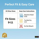 A blue promotional graphic for shoe sizing and care instructions. The header reads 'Perfect Fit & Easy Care' and shows a table with 'US Shoe Sizes' as 9-11 and 'Easy Care Instructions' including machine wash cold, tumble dry low, and do not bleach.