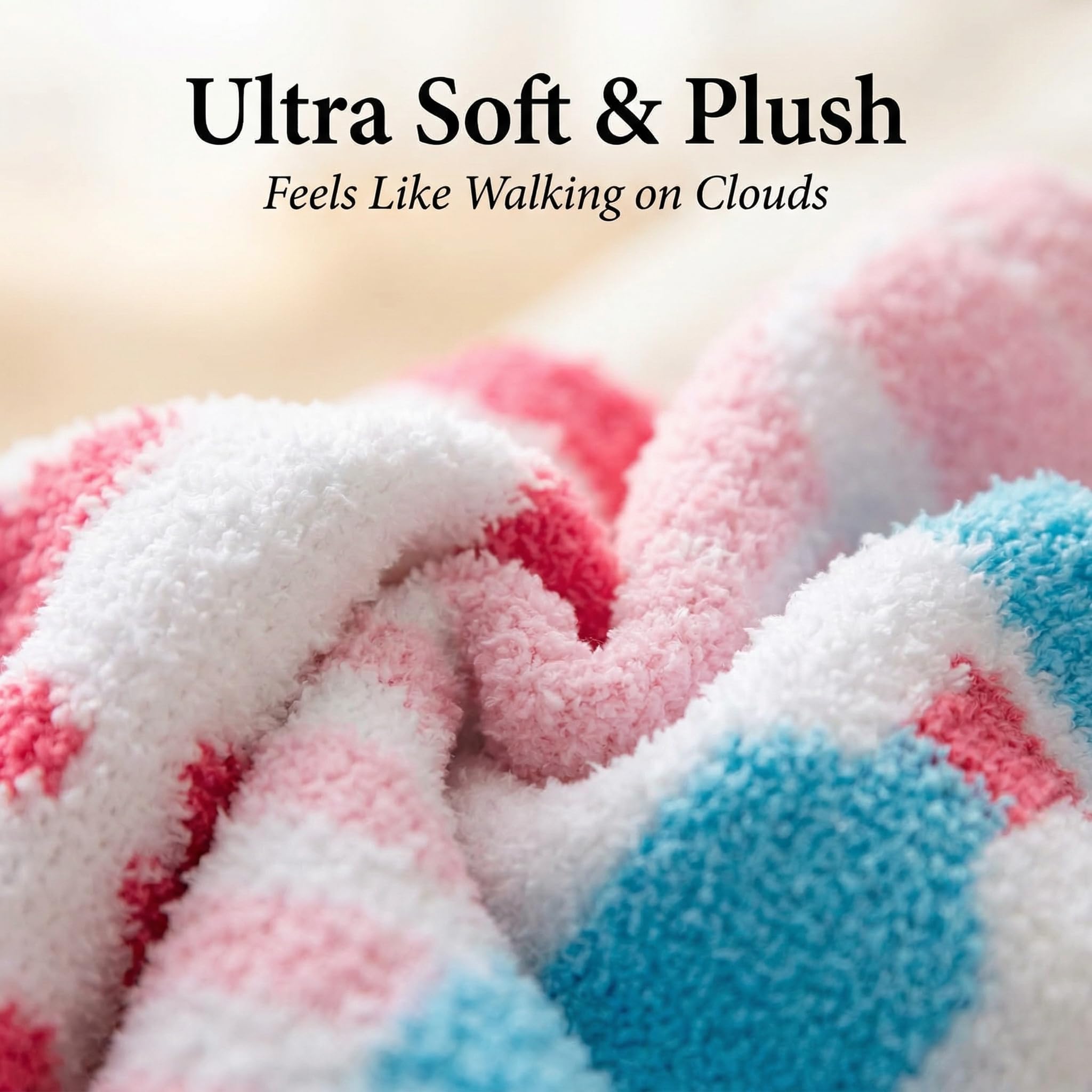 A close-up of a plush, ultra-soft blanket with wavy stripes in white, pink, and light blue, with text at the top reading 'Ultra Soft & Plush' and 'Feels Like Walking on Clouds'.