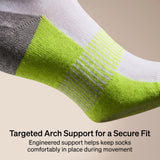 A close-up of a sock with a color-blocked design featuring a bright lime green section, a white toe and heel area, and a gray ribbed ankle section. Text at the bottom reads 'Targeted Arch Support for a Secure Fit' with supporting descriptive copy.