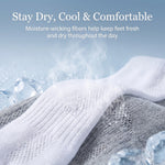 A close-up of a white knit sock laid over gray fabric with ice cubes and steam effects, under the text 'Stay Dry, Cool & Comfortable' and 'Moisture-wicking fibers help keep feet fresh and dry throughout the day.'.
