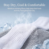 A close-up of a white knit sock laid over gray fabric with ice cubes and steam effects, under the text 'Stay Dry, Cool & Comfortable' and 'Moisture-wicking fibers help keep feet fresh and dry throughout the day.'.
