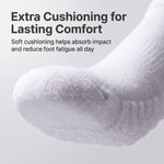 A close-up of a white knit sock on a light gray background with promotional text reading 'Extra Cushioning for Lasting Comfort' and 'Soft cushioning helps absorb impact and reduce foot fatigue all day.'.
