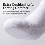 A close-up of a white knit sock on a light gray background with promotional text reading 'Extra Cushioning for Lasting Comfort' and 'Soft cushioning helps absorb impact and reduce foot fatigue all day.'.