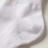A close-up of a white knit sock showing the ribbed texture and toe area against a light neutral background.