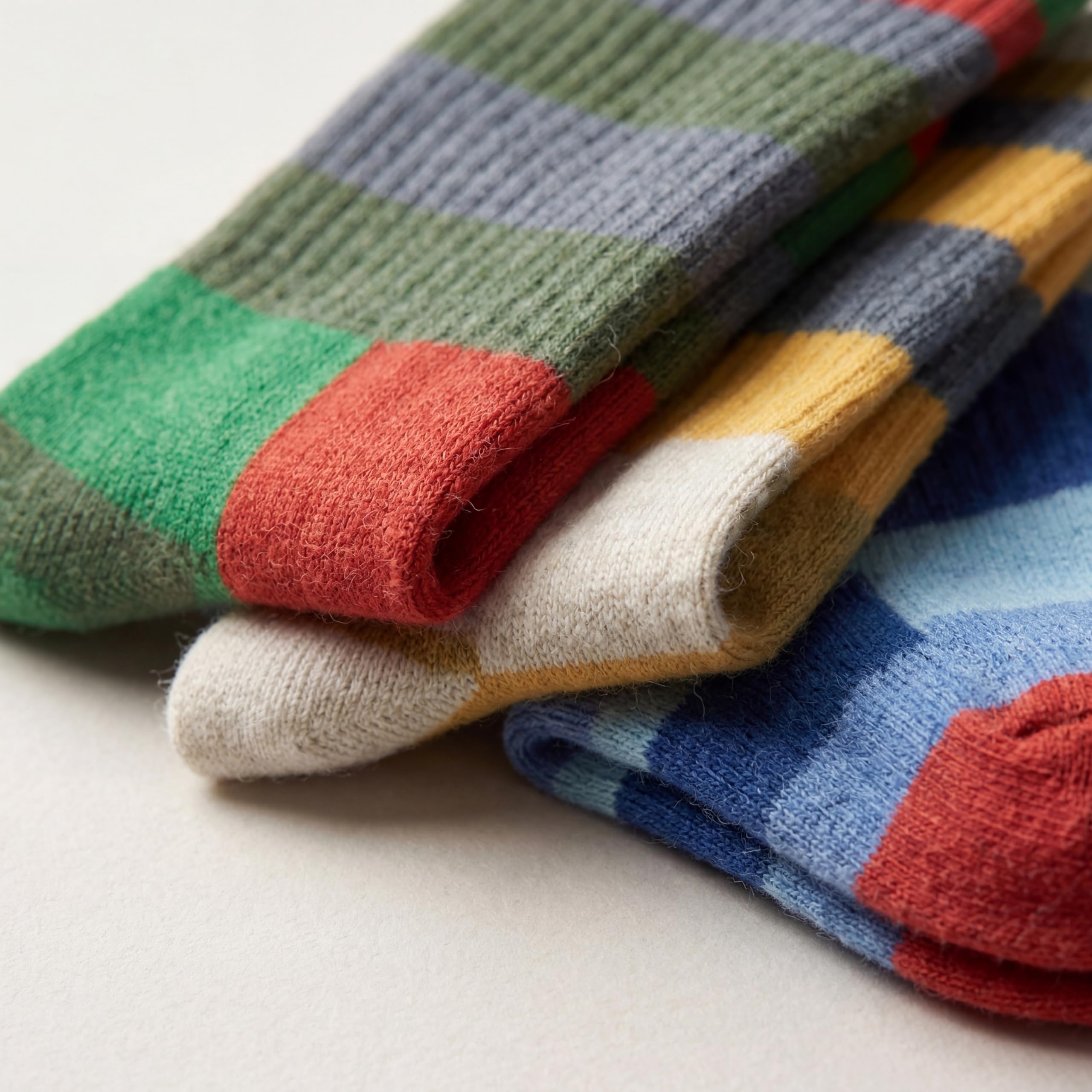 A close-up of folded striped socks in multiple colors, including green, red, gray, yellow, cream, and blue, arranged on a light neutral background.