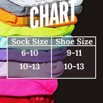 A color-coded sock size chart graphic showing folded socks in multiple colors on a black background, with large white text reading 'SIZE CHART' and a table listing sock sizes 6-10, 10-13, and shoe sizes 9-11, 10-13.