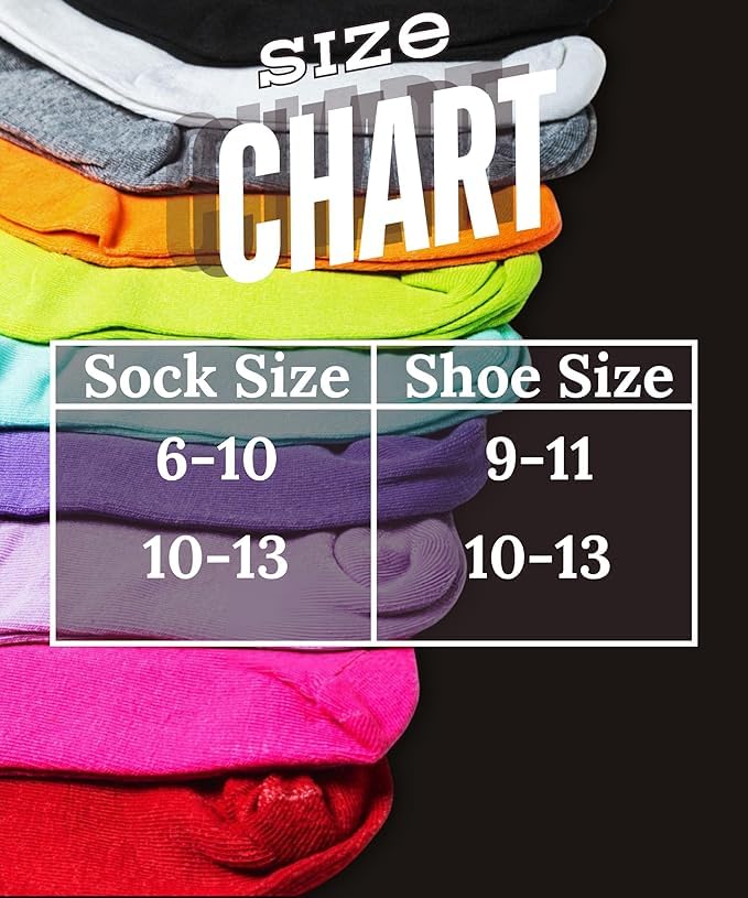 A color-coded sock size chart graphic showing folded socks in multiple colors on a black background, with large white text reading 'SIZE CHART' and a table listing sock sizes 6-10, 10-13, and shoe sizes 9-11, 10-13.