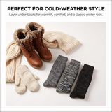 A flat-lay of winter apparel and accessories on a white background: brown lace-up boots with faux-fur trim, cream knit mittens, a cream knit scarf, and four pairs of socks in gray and black. Text at the top reads, 'PERFECT FOR COLD-WEATHER STYLE' with a smaller descriptive line.