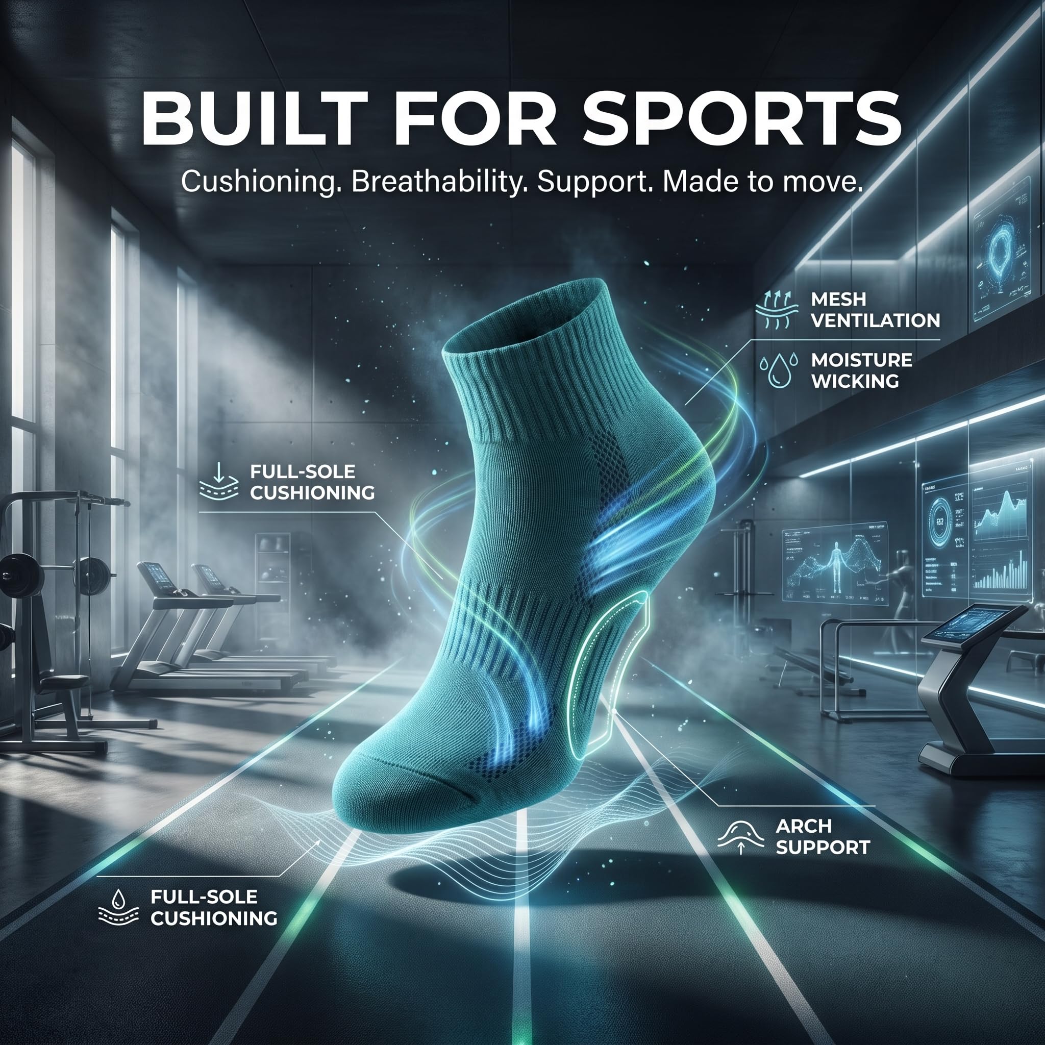 A glowing teal athletic sock is centered in a futuristic gym interior with overlaid marketing text and callouts reading 'Built for Sports,' 'Full-Sole Cushioning,' 'Arch Support,' 'Mesh Ventilation,' and 'Moisture Wicking.'.