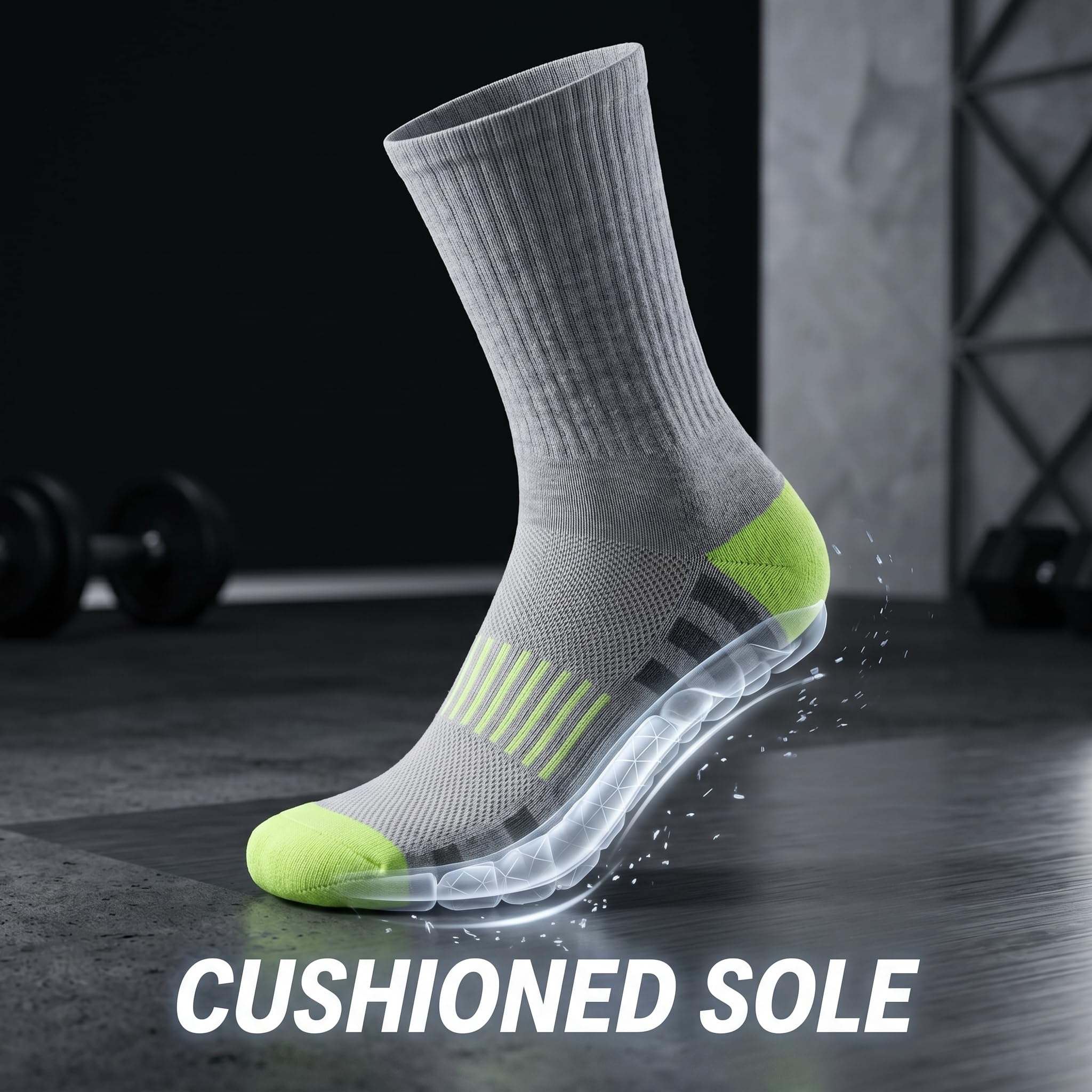 A gray athletic crew sock with bright green toe and heel accents, shown standing on a dark gym floor with a transparent sole graphic and the text 'CUSHIONED SOLE' at the bottom.