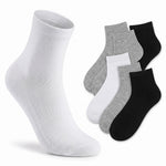 A pack of six ankle socks shown on a clean white background, featuring one large white sock in the foreground and five smaller socks in gray and black behind it.