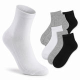A pack of six ankle socks shown on a clean white background, featuring one large white sock in the foreground and five smaller socks in gray and black behind it.