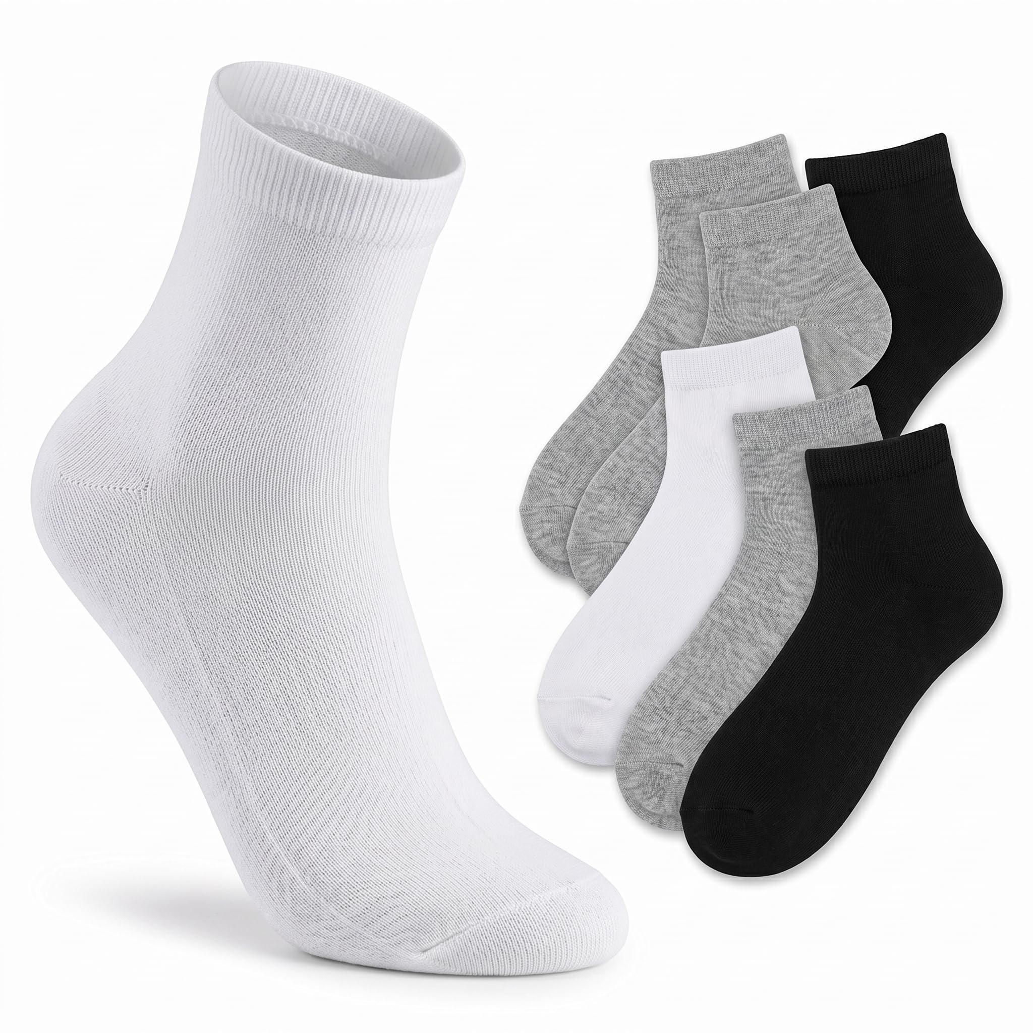 A pack of six ankle socks shown on a clean white background, featuring one large white sock in the foreground and five smaller socks in gray and black behind it.