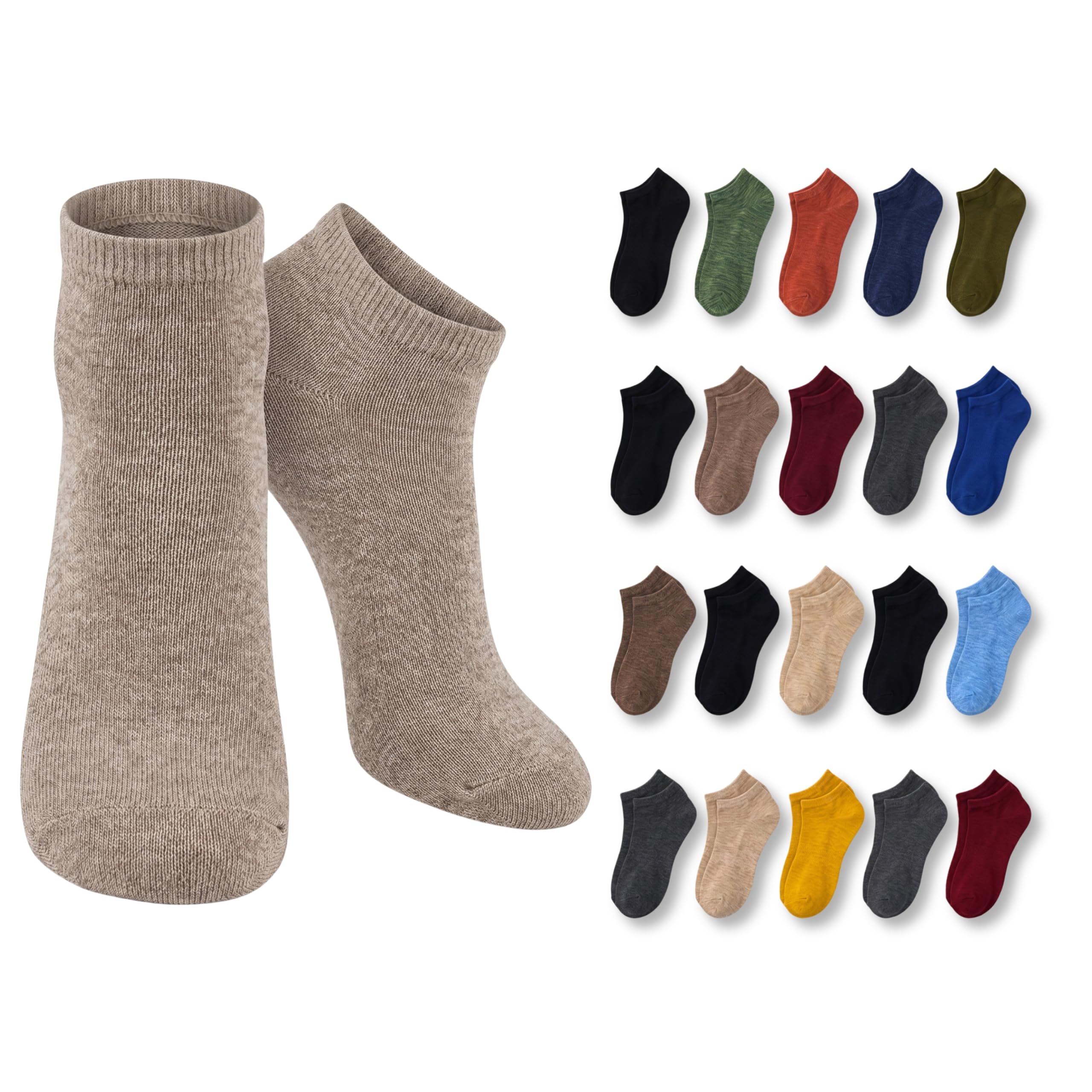 A pair of ankle socks in a heathered taupe-beige color shown on a white background, alongside a grid of smaller color options including black, green, red, navy, olive, brown, beige, burgundy, gray, blue, yellow, and maroon.