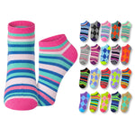 A pair of ankle socks with horizontal pink, blue, and white stripes is shown prominently on the left, with a grid of 18 additional sock designs on the right displaying various color and pattern options.