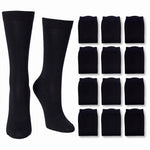 A pair of black knee-high socks shown on a mannequin form, alongside a grid of twelve folded black socks on a plain white background.