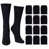 A pair of black knee-high socks shown on a mannequin form, alongside a grid of twelve folded black socks on a plain white background.