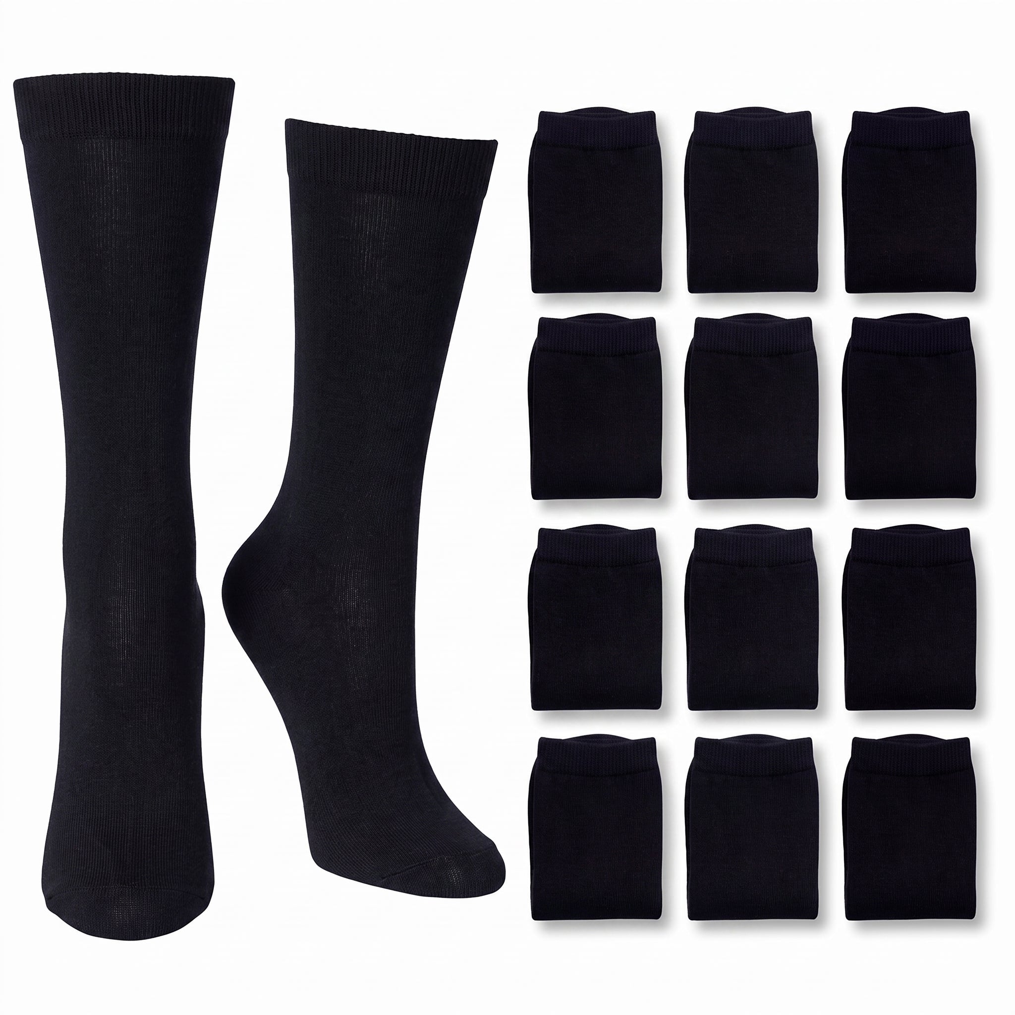 A pair of black knee-high socks shown on a mannequin form, alongside a grid of twelve folded black socks on a plain white background.