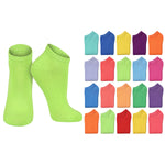 A pair of bright neon green no-show socks displayed on a white background, alongside a grid of 20 smaller folded socks in multiple colors including blue, yellow, purple, orange, pink, green, and red, indicating a multi-color product offering.