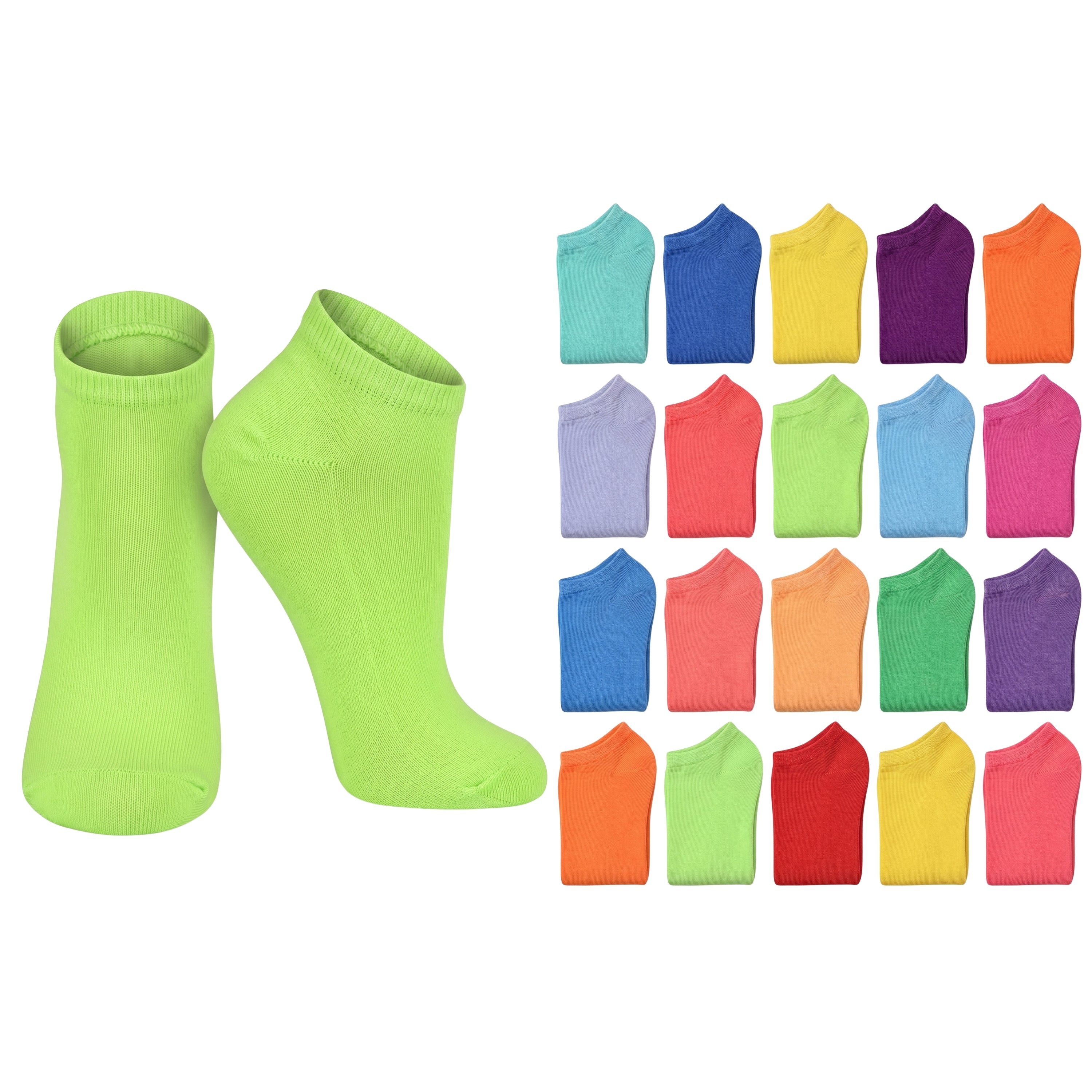 A pair of bright neon green no-show socks displayed on a white background, alongside a grid of 20 smaller folded socks in multiple colors including blue, yellow, purple, orange, pink, green, and red, indicating a multi-color product offering.