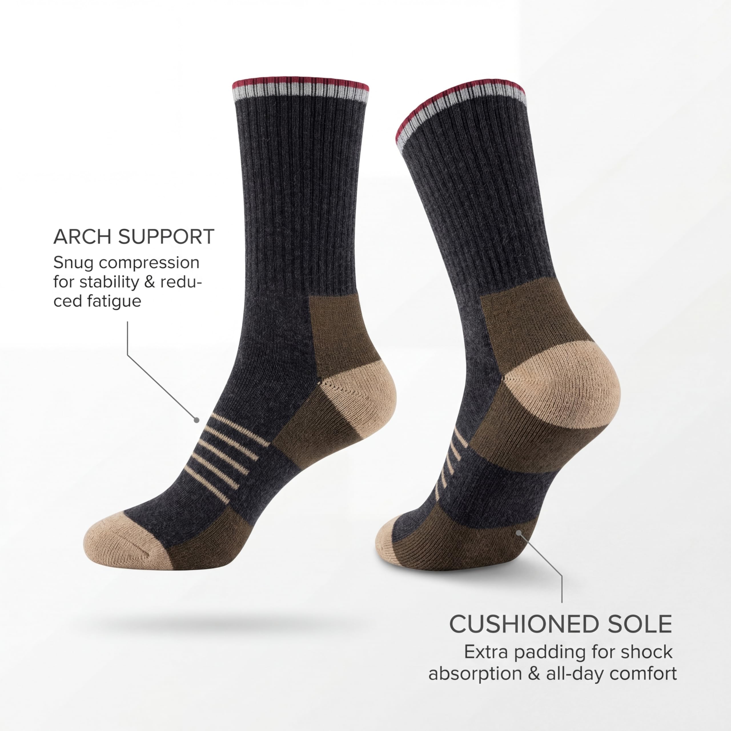 A pair of crew socks shown floating on a light gray background with marketing text callouts. The socks are dark charcoal gray with brown and beige panels, plus a small red and white striped cuff.