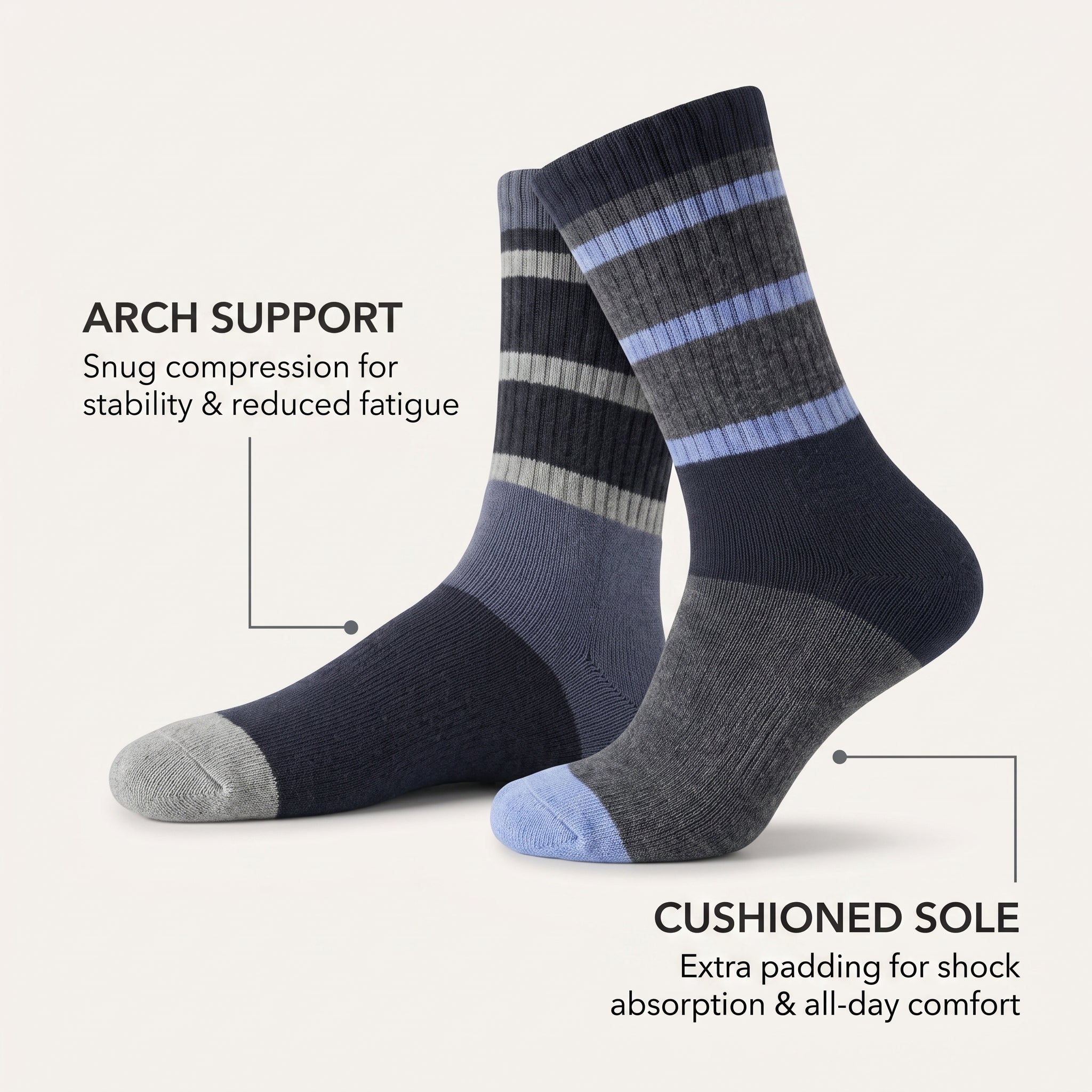 A pair of crew socks shown on a light beige background with marketing text callouts. The socks are dark navy and gray with light blue and white stripes, featuring a gray toe and a light blue heel.