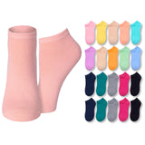 A pair of light pink ankle socks displayed prominently on the left, with a grid of 16 other sock colors shown on the right against a plain white background.
