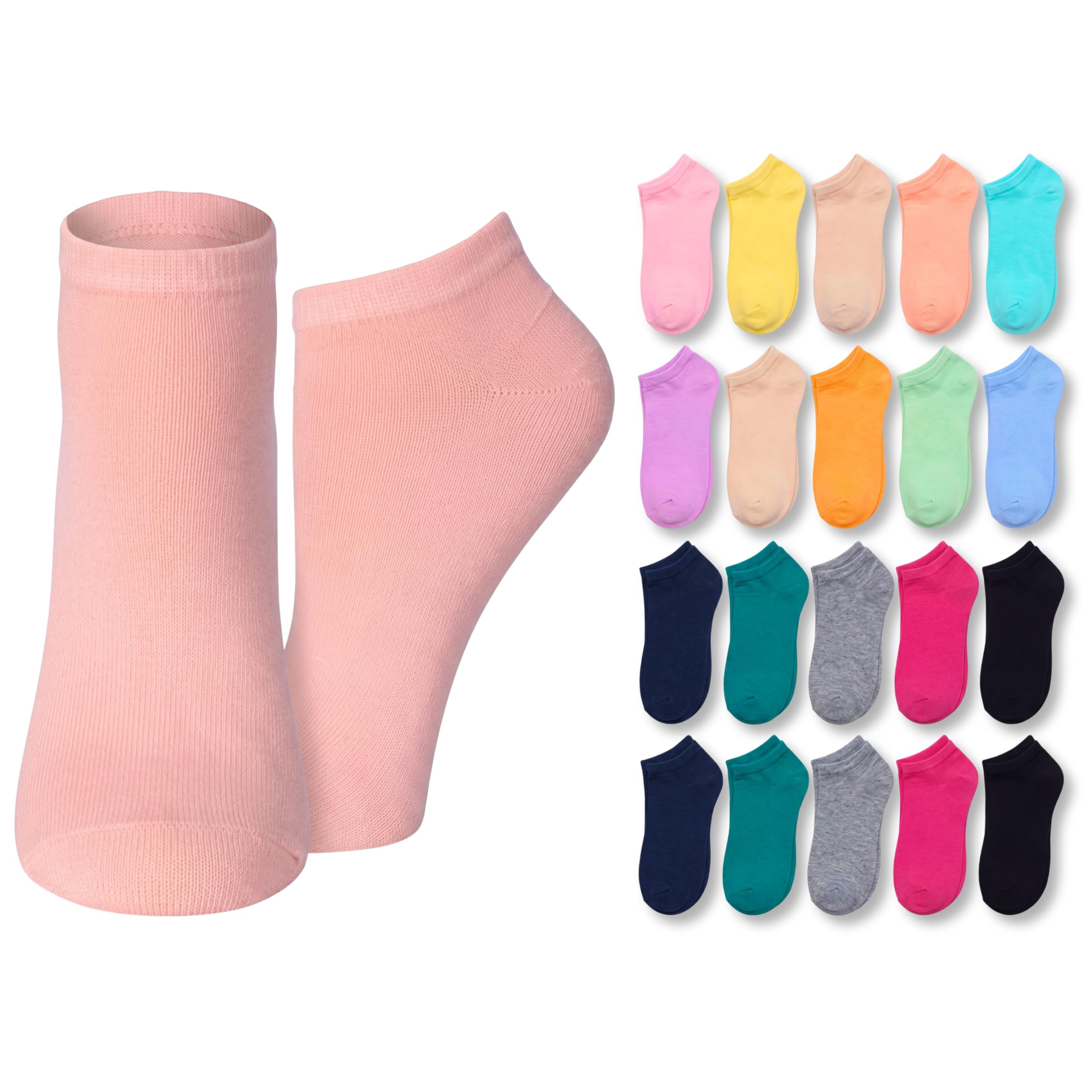 A pair of light pink ankle socks displayed prominently on the left, with a grid of 16 other sock colors shown on the right against a plain white background.