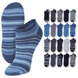 A pair of low-cut ankle socks in shades of blue and navy with horizontal stripes, shown alongside a grid of 16 different sock patterns and colors in various shades of blue, gray, and black.