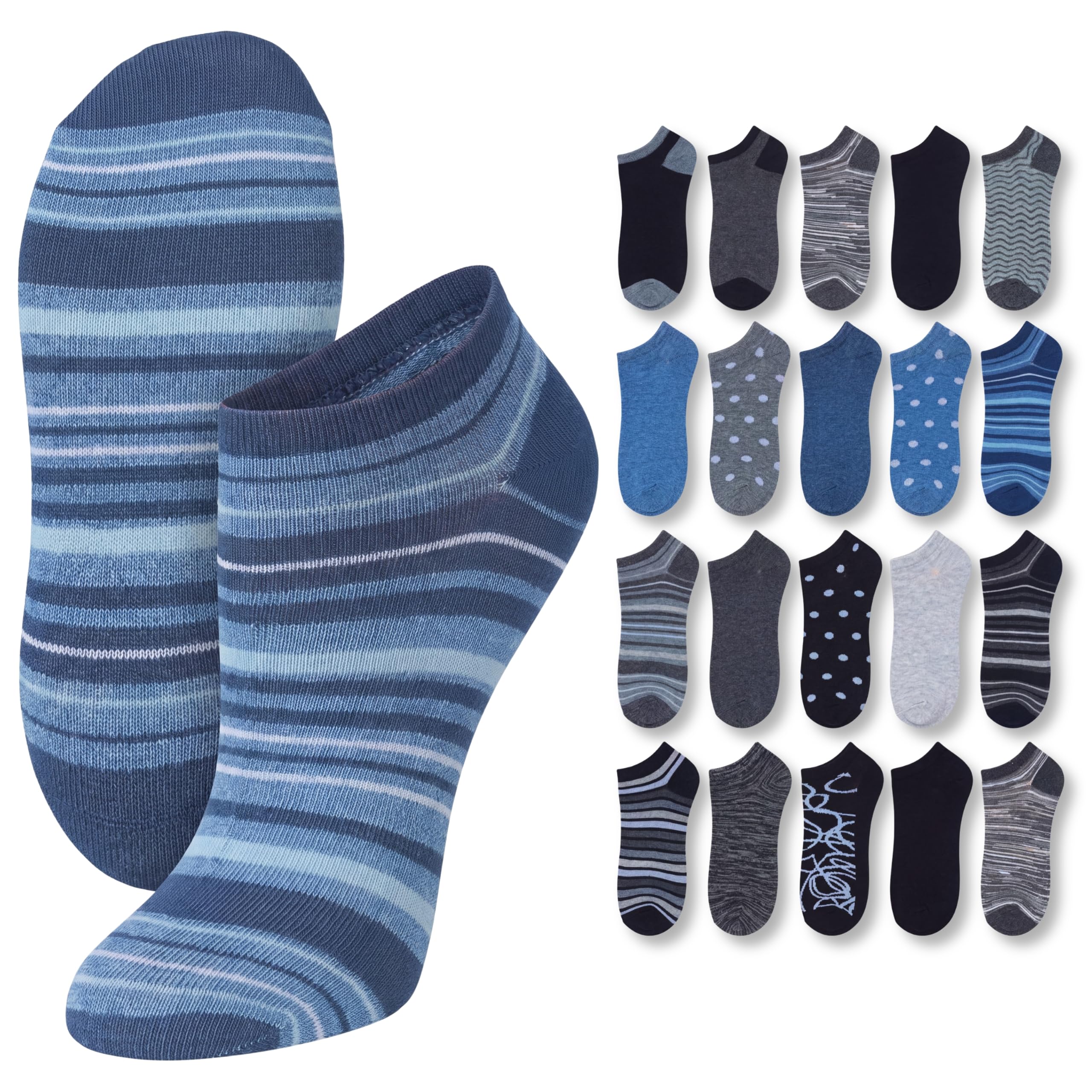 A pair of low-cut ankle socks in shades of blue and navy with horizontal stripes, shown alongside a grid of 16 different sock patterns and colors in various shades of blue, gray, and black.